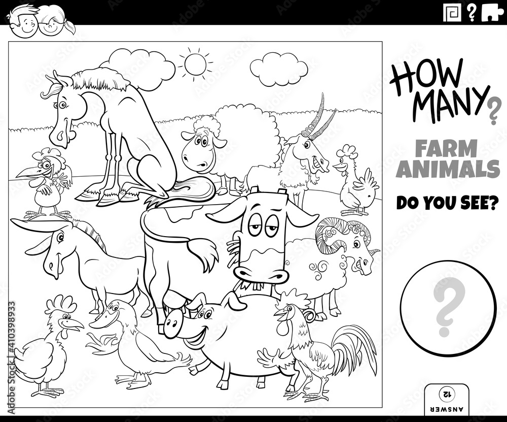 counting farm animals educational task for kids coloring book page