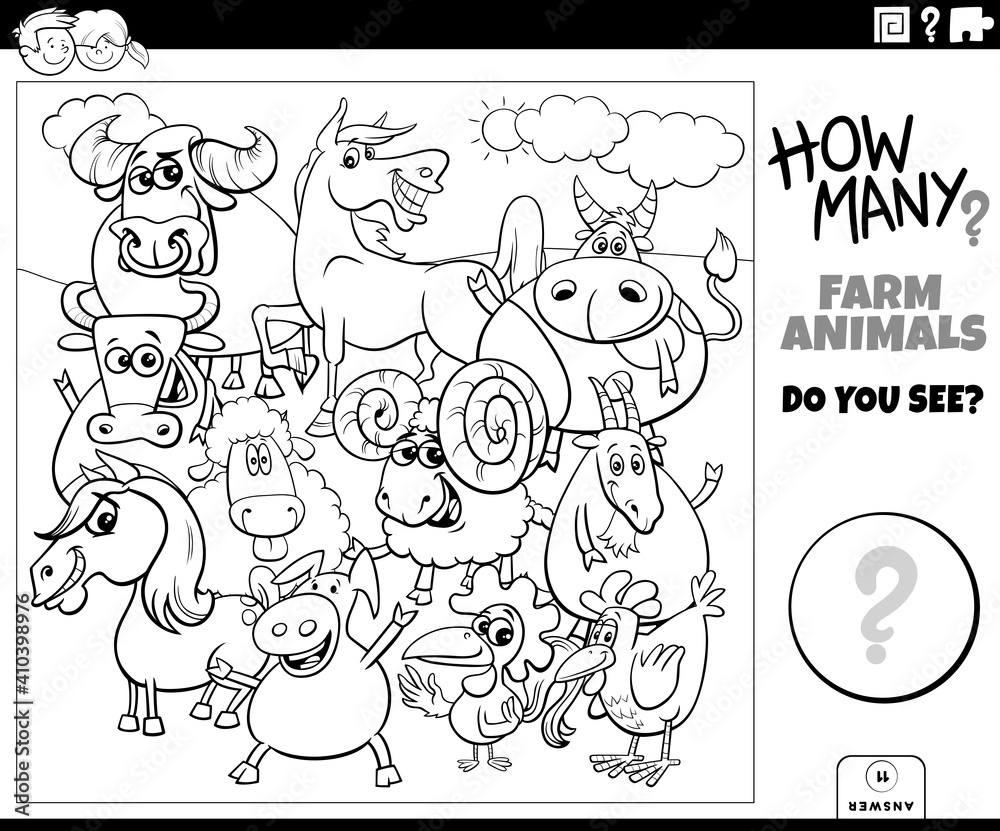 counting farm animals educational game for kids coloring book page