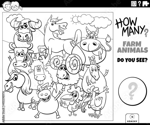 counting farm animals educational game for kids coloring book page