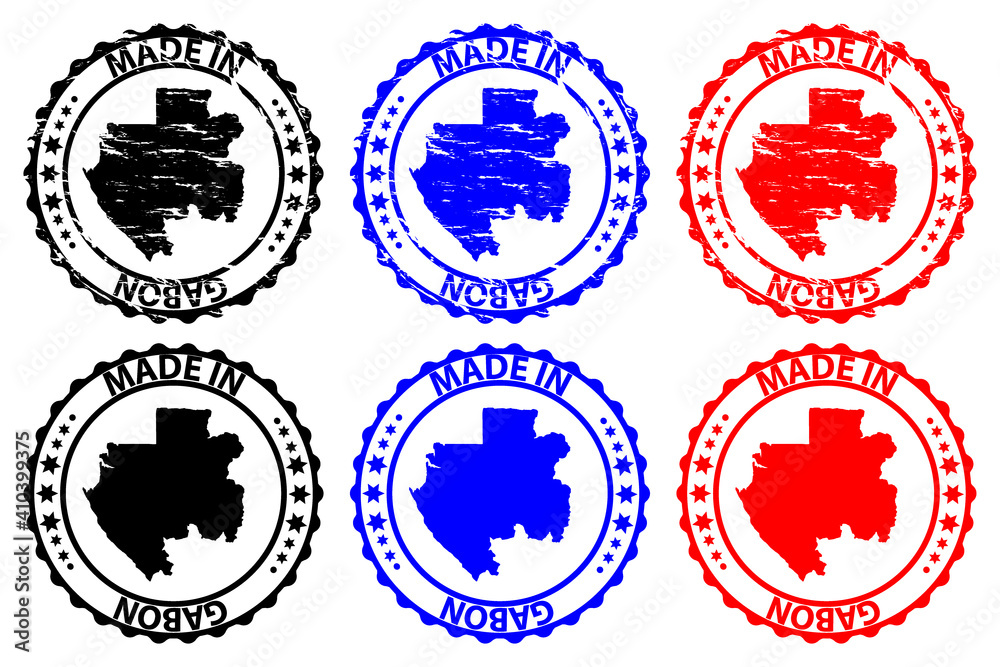 Made in Gabon - rubber stamp - vector, Gabon map pattern - black, blue and red Made in Gabon - rubber stamp - vector, Gabon map pattern - black, blue and red