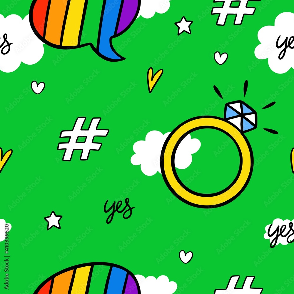 Never ending cute doodle pattern with lgbt rainbow, hearts, text, ring, clouds, stars and