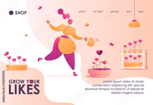 Concept banner or landing page template with woman who waters flower pot with heart shaped plants. Interior scene about acceptance and social media popularity
