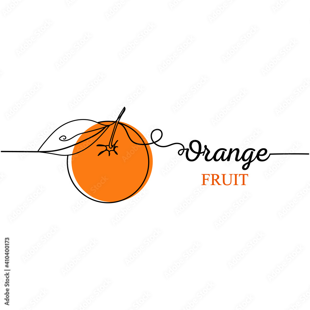 Continuous one line drawing silhouette and lettering of an orange. Fruit concept. Vector illustration isolated on the white background.