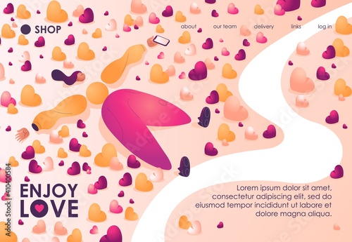 Landing page template with woman laying down among plenty of hearts or likes. Happy concept character drawn with pink and yellow gradients