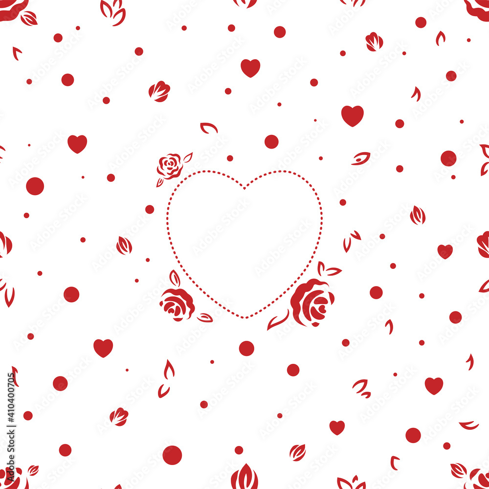 Seamless pattern with hearts and floral motives. Red love ornament on white and transparent backgrounds.