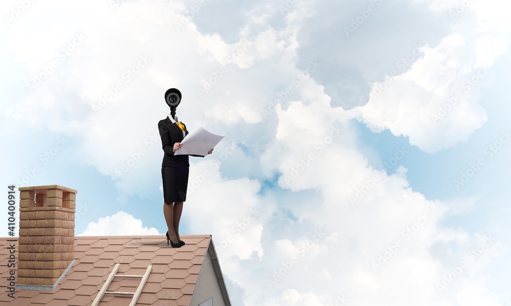 Concept of security and privacy protection with camera headed woman Concept of security and privacy protection with camera headed woman