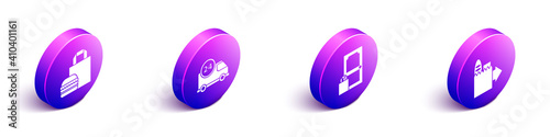 Set Isometric Online ordering burger delivery, Fast delivery by car, Online ordering and delivery and Online ordering and delivery icon. Vector.