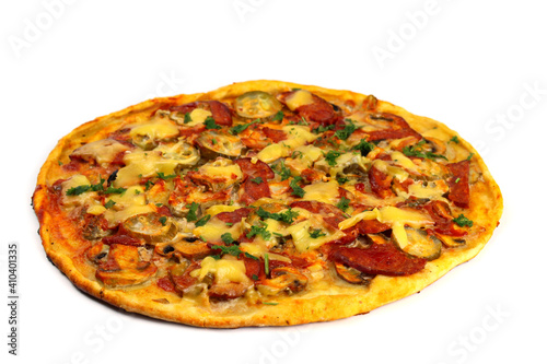 Fresh homemade pizza with sausage, cheese and pickles, isolated on white