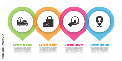 Set Fast delivery by car, Online ordering burger delivery, Online ordering and delivery and Alcohol or beer bar location. Business infographic template. Vector.