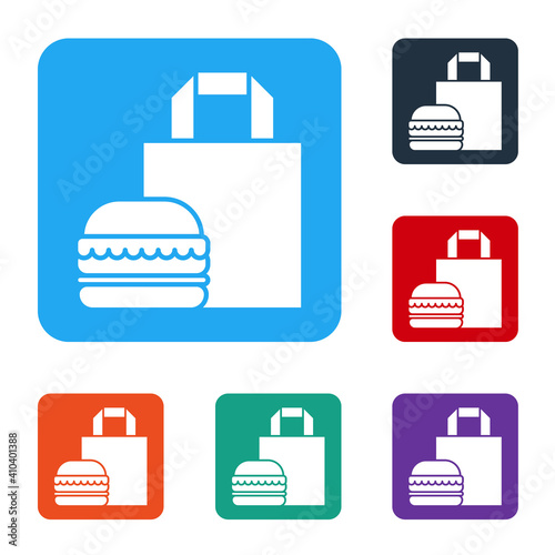 White Online ordering and burger delivery icon isolated on white background. Set icons in color square buttons. Vector Illustration.