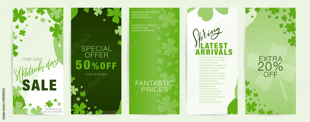 Saint Patrick’s day vertical long flyer set with shamrock frames and green abstract shapes.  Spring special offer, latest arrivals business promotional materials for March 17th. - obrazy, fototapety, plakaty 