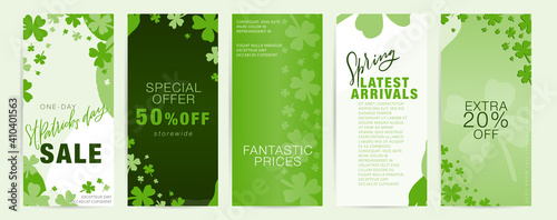 Saint Patrick’s day vertical long flyer set with shamrock frames and green abstract shapes.  Spring special offer, latest arrivals business promotional materials for March 17th.