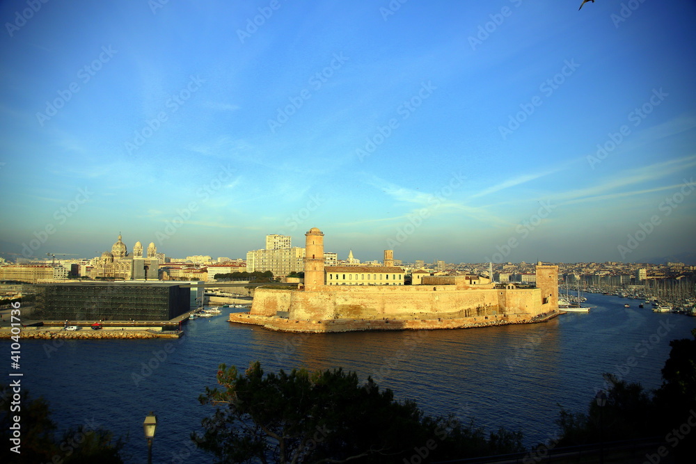 Panorama of the Fort St Jean of Marseille in the blue of the Vieux Port and the sky