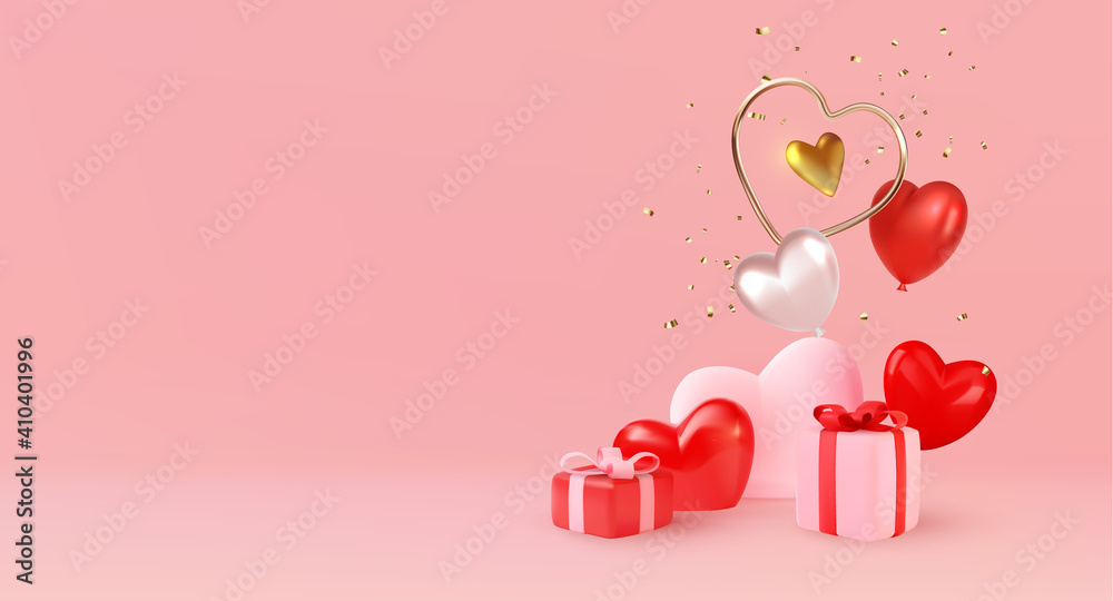 3d objects background of minimal gift boxes and hearts with empty space