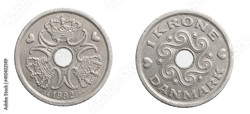Photos 1 danish krone coin isolated on white background