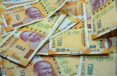 Indian money and banknotes, 200 rupees. Background of paper Indian money