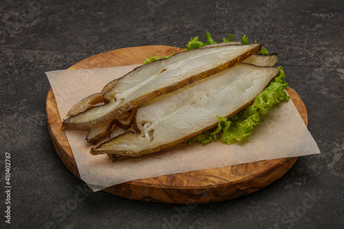 Delicous smoked halibut slices snack