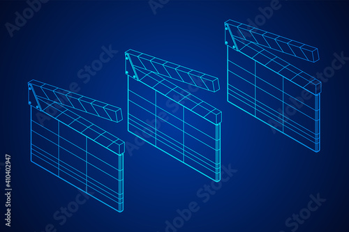 Movie clapper board. Film cinema concept. Wireframe low poly mesh vector illustration