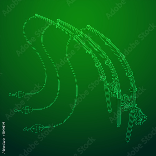 Fishing rod with line sinker and hook. Wireframe low poly mesh vector illustration.