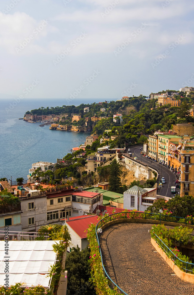 Top view on the embankment of Naples. Panoramic seascape  Napoli city with view of the port in the Gulf of Naples. The province of Campania, Italy.
