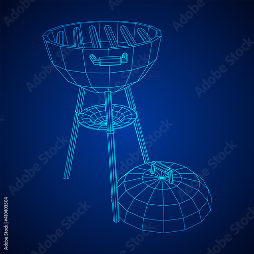 Round barbecue grill. Outdoor bbq party. Wireframe low poly mesh vector illustration