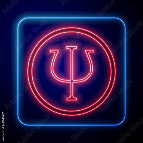 Glowing neon Psychology icon isolated on blue background. Psi symbol. Mental health concept, psychoanalysis analysis and psychotherapy. Vector.