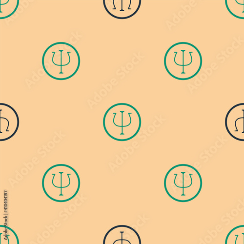 Green and black Psychology icon isolated seamless pattern on beige background. Psi symbol. Mental health concept, psychoanalysis analysis and psychotherapy. Vector.