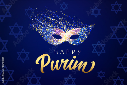 Happy Purim carnival mask with golden dust. Colored bright rainbow colors carnival mask and text, Jewish holiday vector illustration	