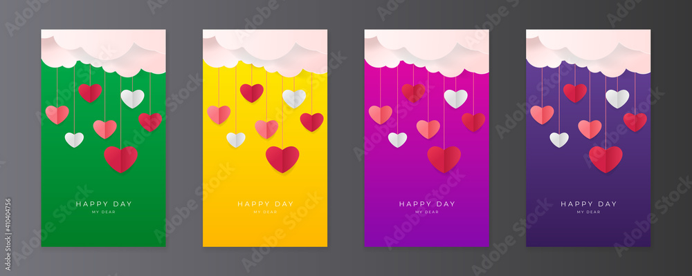 Set of pink yellow blue happy valentine's day vertical banners, posters, cards or flyers with origami hearts in paper cut style. Design template for advertising, web, social media, stories templates