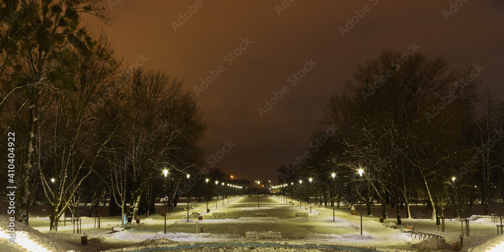 Poland, Lublin, People's Park. Park alley in winter at night.