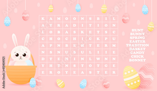 Word search riddle for kids with cute animal character - easter bunny hiding in basket with painted eggs on pink background, puzzle for childrens book, printable worksheet, spring holiday theme