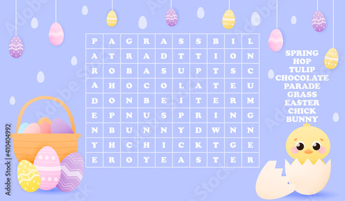 Cute little chick hiding in egg shell, easter eggs around and basket, word search puzzle for kis, worksheet for school or kindergarden, educational riddle, study english
