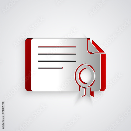 Paper cut Certificate template icon isolated on grey background. Achievement, award, degree, grant, diploma concepts. Paper art style. Vector.