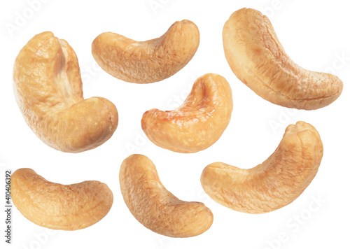 set of roasted cashew nuts isolated on white photo