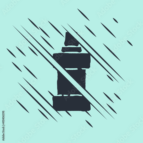 Black Plastic bottle for laundry detergent, bleach, dishwashing liquid or another cleaning agent icon isolated on green background. Glitch style. Vector.