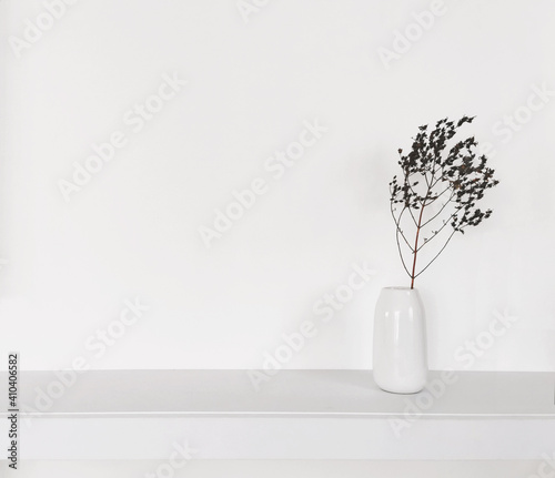 Sucha gałązka w białym wazonie stojąca na półce na tle białej ściany