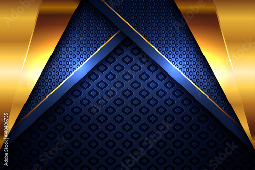 Elegant gold light polygonal on blue geometric banner. Luxury dark lines with paper material layer with golden stripe background