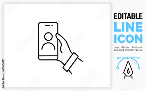 Editable line icon of a person having a video call on his mobile phone or taking a selfie