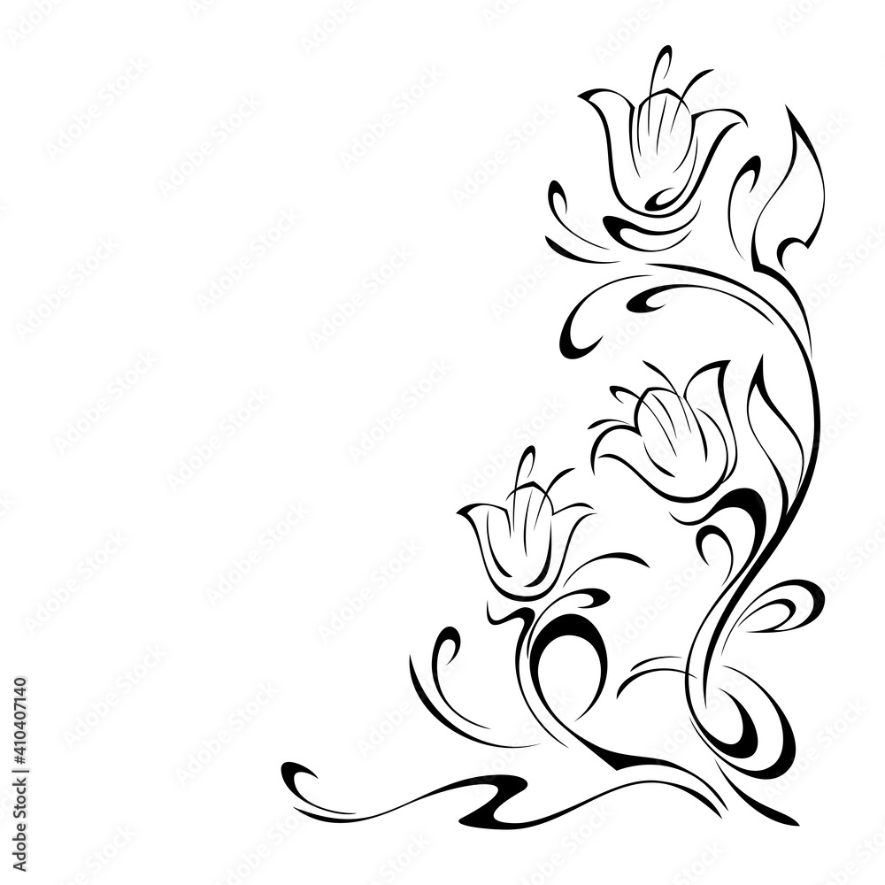 Fototapeta premium ornament 1503. decorative element with stylized flowers, leaves and curls in black lines on a white background. Corner design