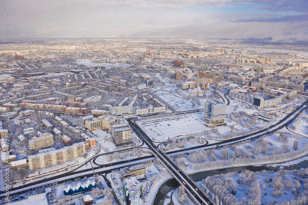 Aerial view of the cityscape od Kaliningrad in the deep winter