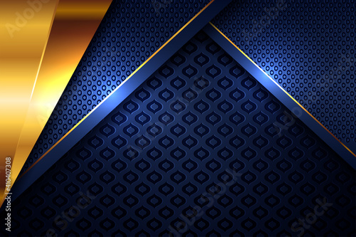 Elegant gold light polygonal on blue geometric banner. Luxury dark lines with paper material layer with golden stripe background