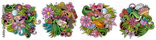 Happy Womens Day cartoon vector doodle designs set.