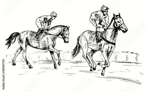 Hand drawn professional athlete jockey on horseback following other participating in racing on the racetrack. Ink black and white drawing.
