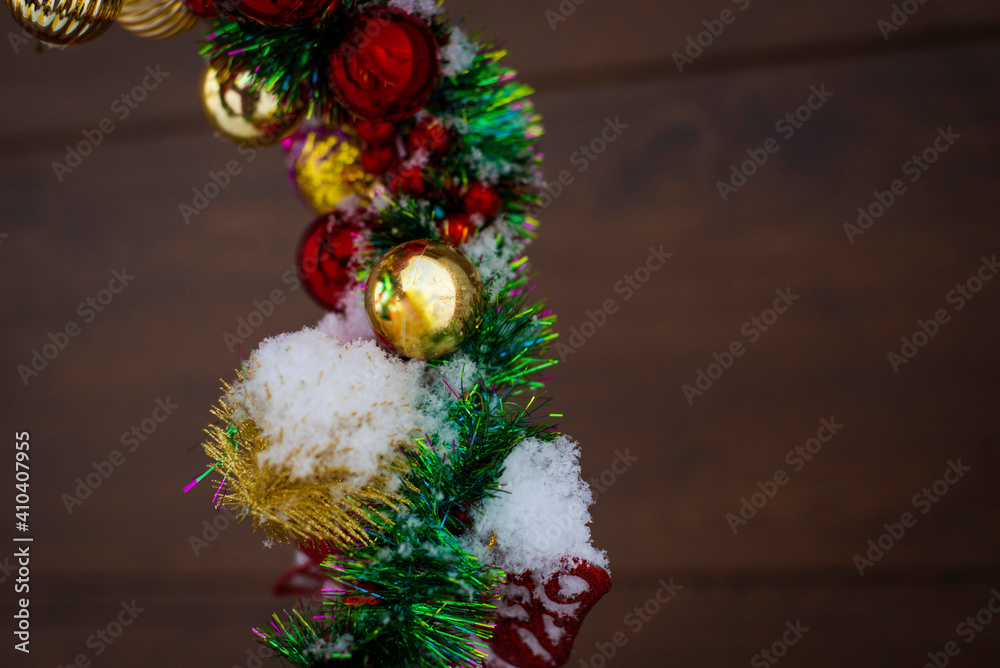 christmas decoration on dark background green and red christmas balls, Christmas 2021