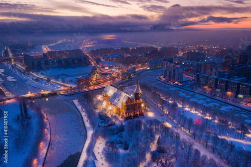 Bild auf Leinwand Aerial view of the Cathedral in Kaliningrad in the winter, sunrise time