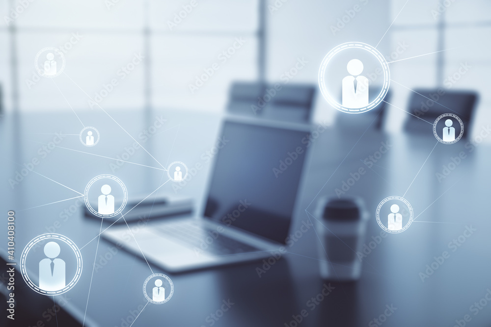 Social network media concept with modern computer on background. Double exposure