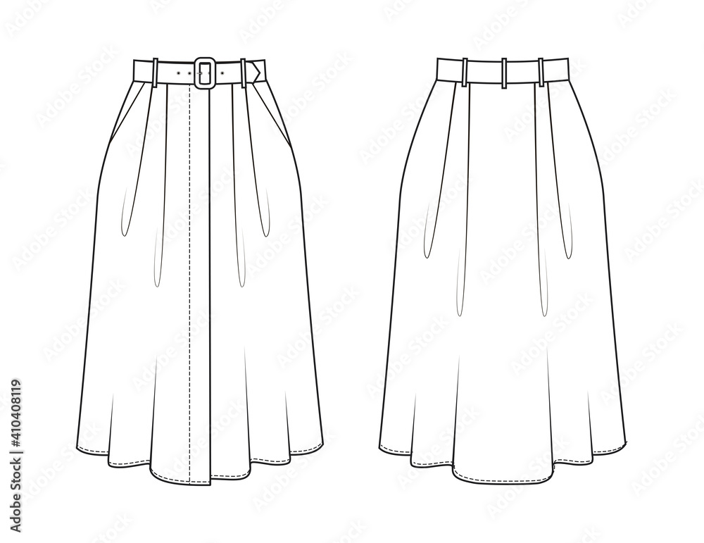Fashion technical drawing of loose waist skirt.
