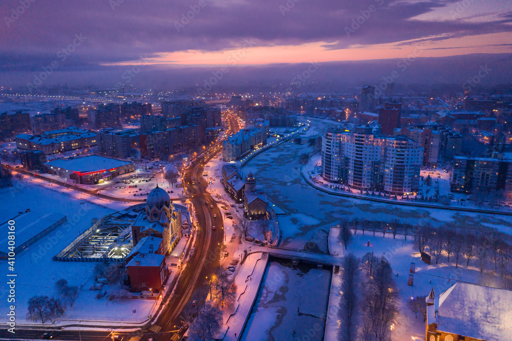 Aerial view of the Fishing Villahe in Kaliningrad in the winter morning