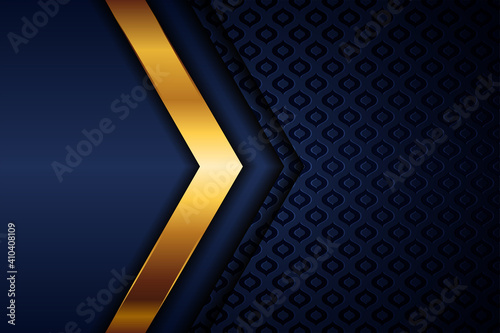 Elegant gold light polygonal on blue geometric banner. Luxury dark lines with paper material layer with golden stripe background