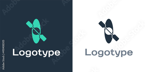 Logotype Kayak and paddle icon isolated on white background. Kayak and canoe for fishing and tourism. Outdoor activities. Logo design template element. Vector.